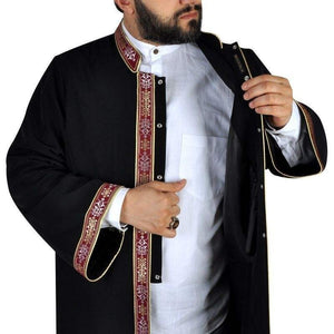 Ibrahim Jubbah - Mens Islamic Wear Black Thobe with Bordures, Galabiyya, Jubbah, Muslim Long Kurta