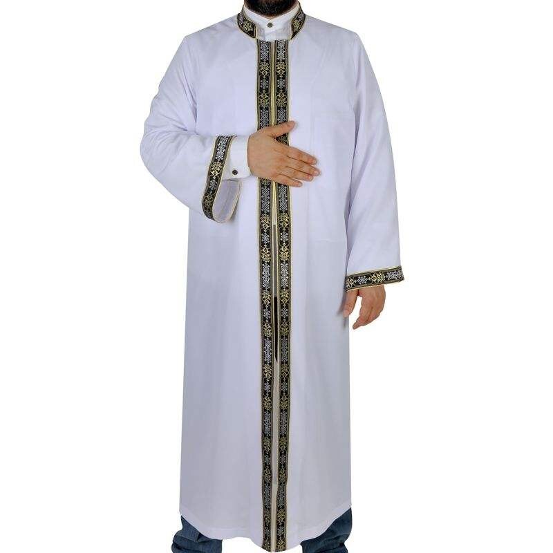 Muslim Long Kurta - Jubbah - Muslim dress - Mens Islamic Wear white Thobe with bordures, Galabiyya, Jubbah, Muslim Long Kurta