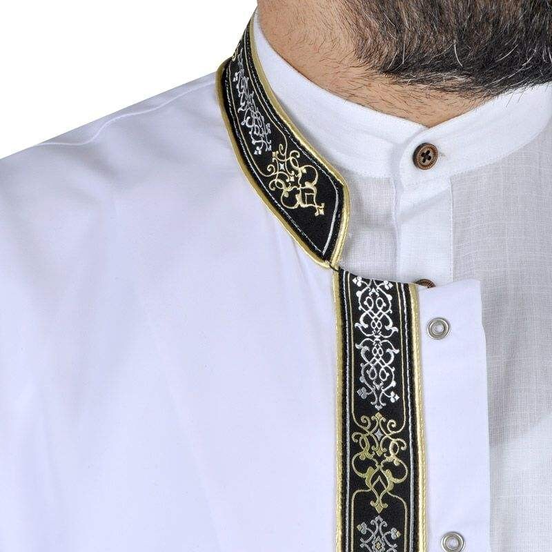 Muslim Long Kurta - Jubbah - Muslim dress - Mens Islamic Wear white Thobe with bordures, Galabiyya, Jubbah, Muslim Long Kurta
