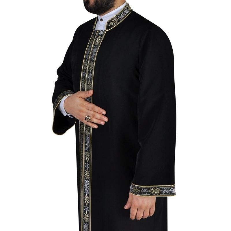 Black Long Kurta, Jubbah, Mens Islamic Wear Black Thobe with bordures, Galabiyya, Jubbah, Muslim Long Kurta