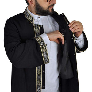 كورتا أسود طويل ، جبة ، لباس إسلامي رجالي ثوب أسود مع حواف ، جلابية ، جبة ، كورتا مسلم طويل
