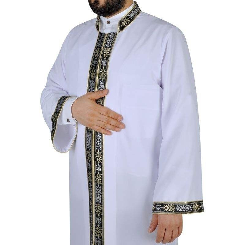 Muslim Long Kurta - Jubbah - Muslim dress - Mens Islamic Wear white Thobe with bordures, Galabiyya, Jubbah, Muslim Long Kurta