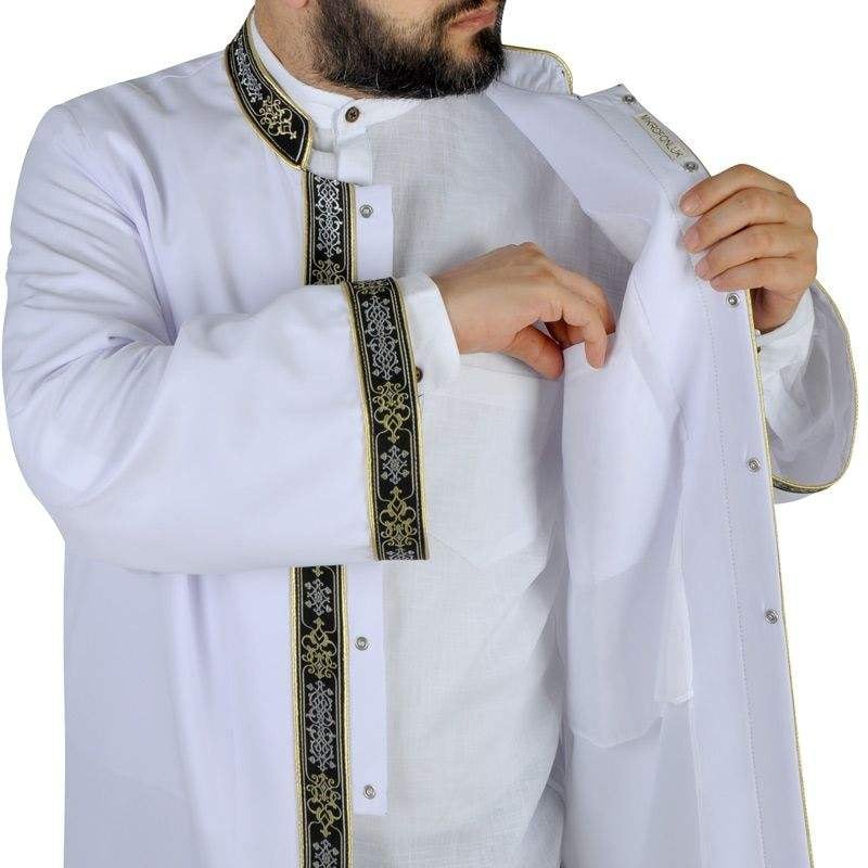 Muslim Long Kurta - Jubbah - Muslim dress - Mens Islamic Wear white Thobe with bordures, Galabiyya, Jubbah, Muslim Long Kurta