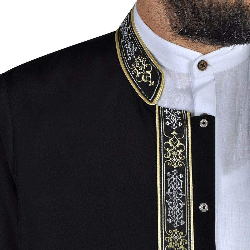 Black Long Kurta, Jubbah, Mens Islamic Wear Black Thobe with bordures, Galabiyya, Jubbah, Muslim Long Kurta